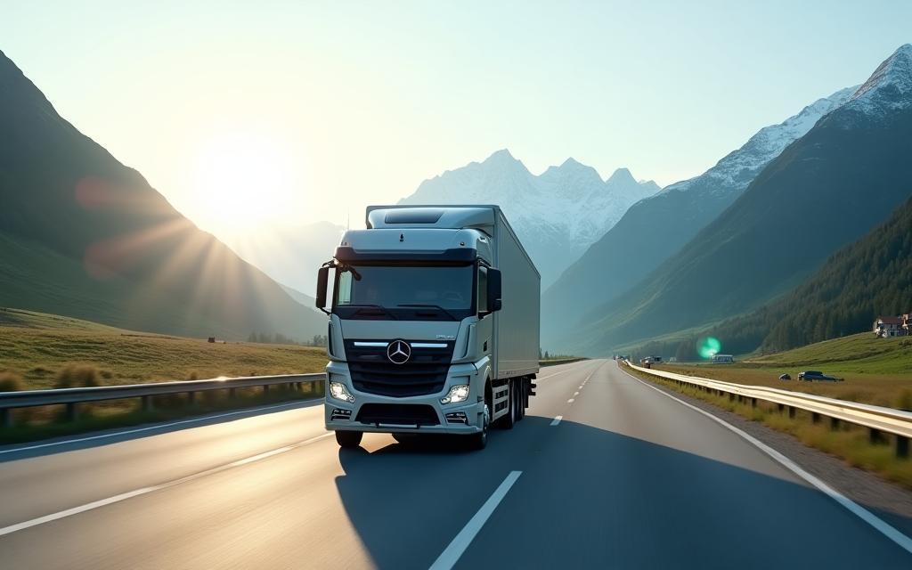 Commercial truck on a Swiss road with scenic backdrop, overlayed with digital interface elements.